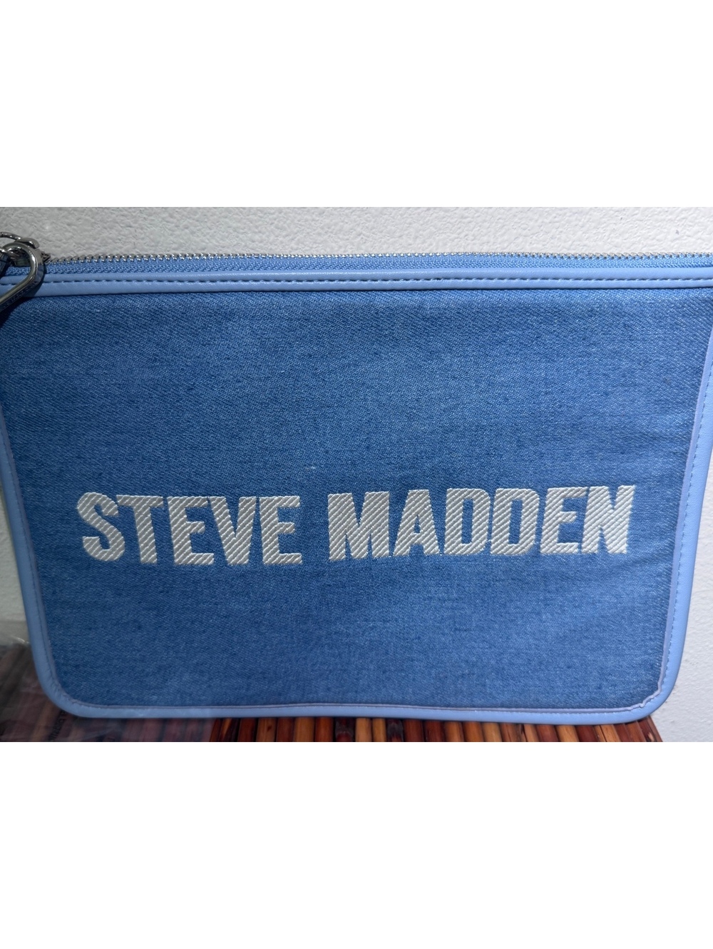 Steve Madden Blue Denim Look Zip Clutch Wristlet Pouch Cosmetic Travel Organizer